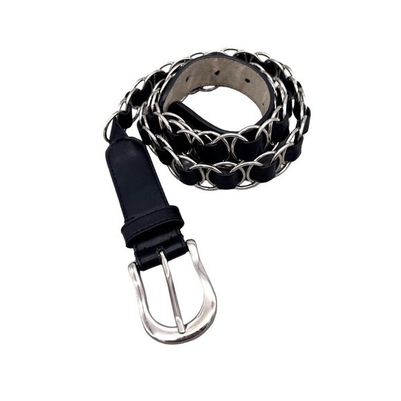 Women's Interlocking Black Leather Belt Adjustable Buckle Closure 52 Inches - Picture 1 of 8